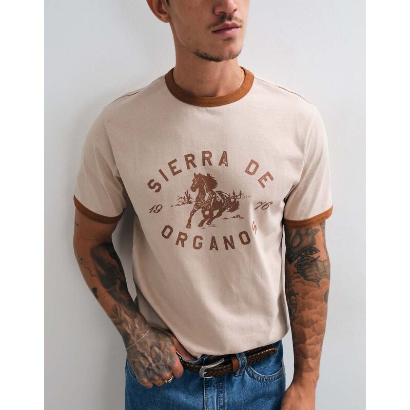 ASOS DESIGN boxy regular ringer t shirt in washed beige-Neutral