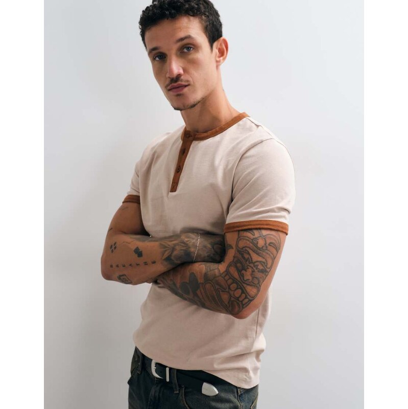 ASOS DESIGN slim ringer henley t-shirt in washed beige-Neutral