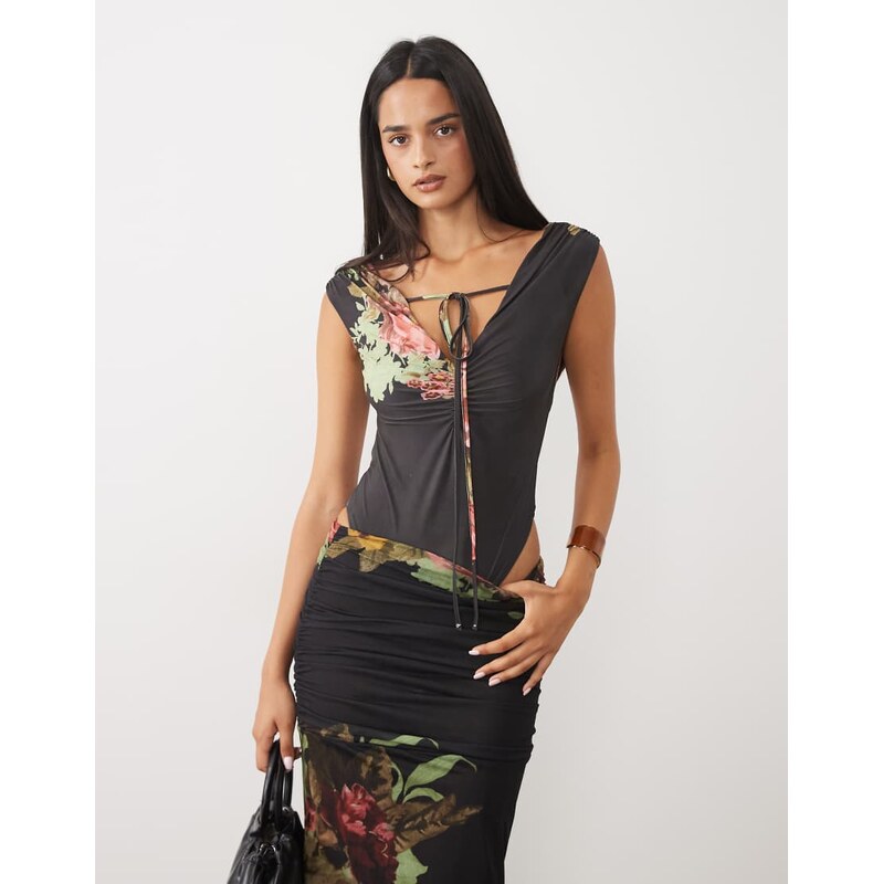 ASOS DESIGN printed bodysuit in black floral