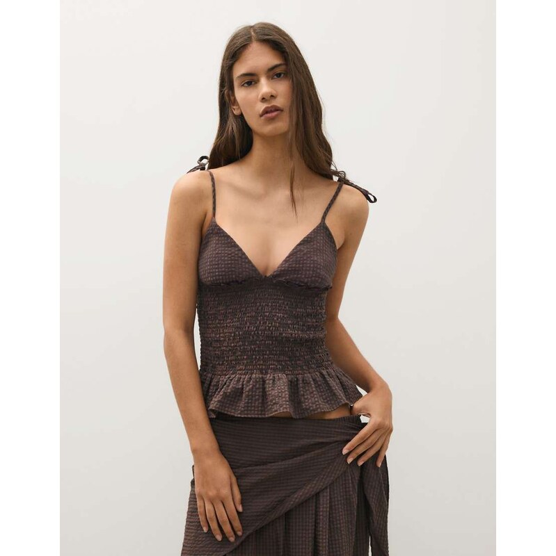 Bershka Smocked strap top in brown