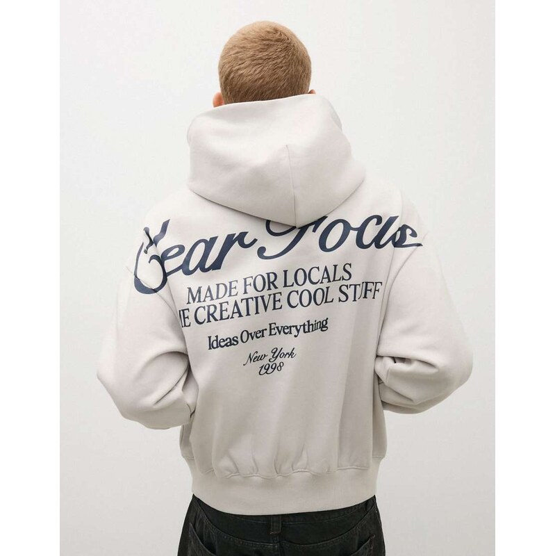 Bershka Hooded print sweatshirt in off white-Grey