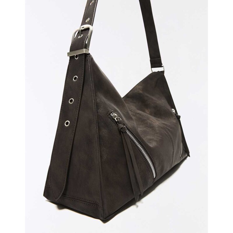 Bershka Faux suede bag with zips in brown