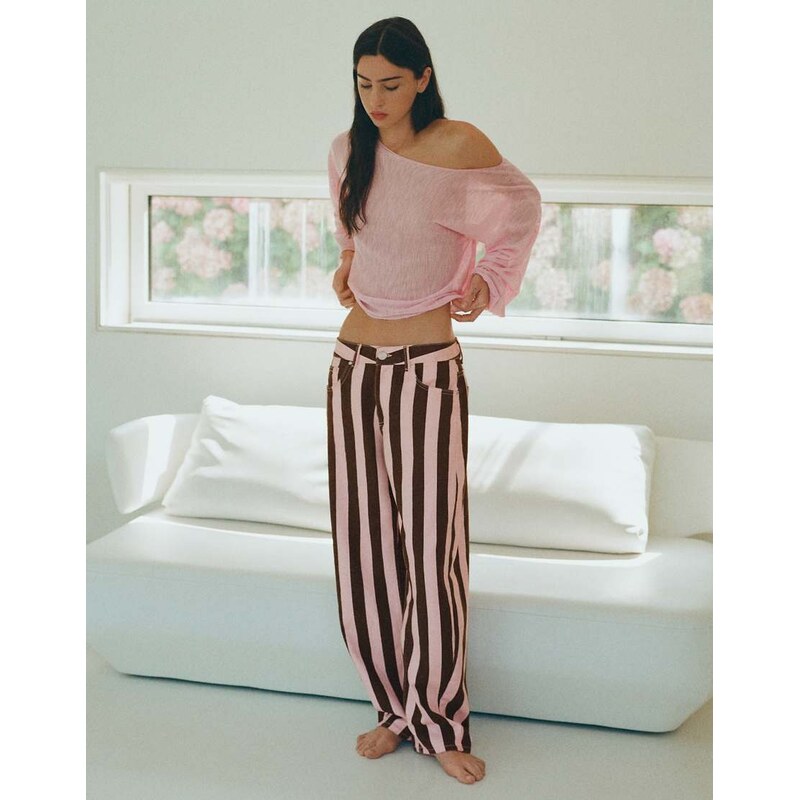 Pull&Bear Striped barrel jeans in rose pink