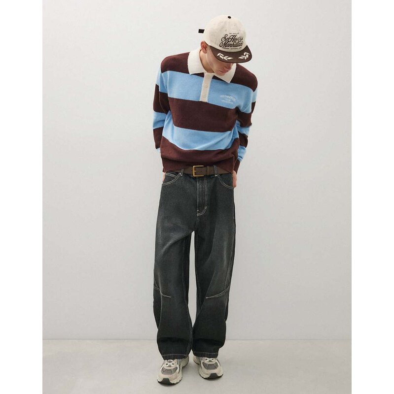 Bershka Contrast stripe polo collar jumper in brown