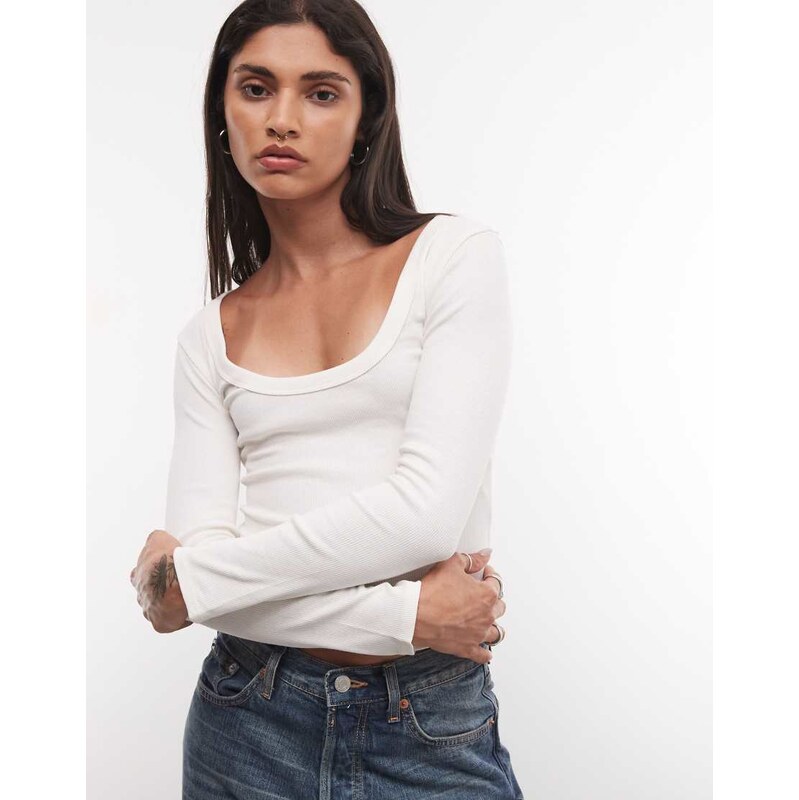 COLLUSION long sleeve fitted scoop neck top in ivory-White