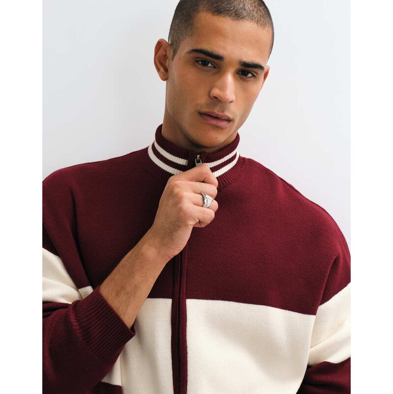 ASOS DESIGN oversized knitted funnel neck zip through with beige