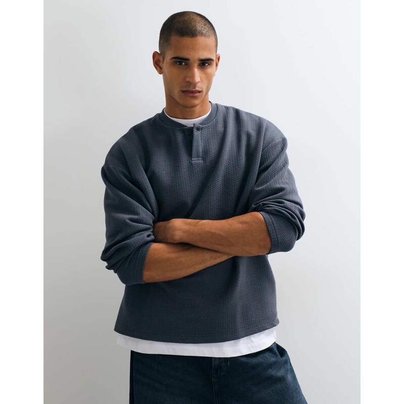 ASOS DESIGN oversized henley in textured fabric in charcoal-Grey