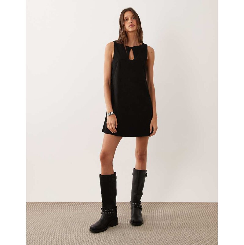 ASOS DESIGN cord slash neck keyhole mini dress in black