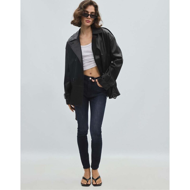 Stradivarius Fitted leather effect trench coat in black