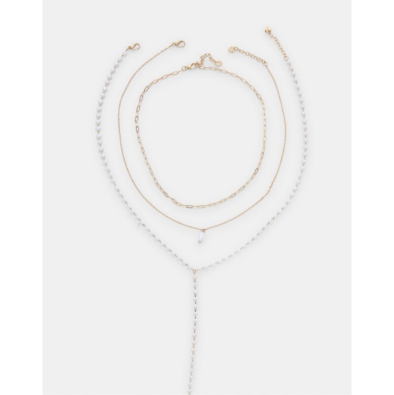 Stradivarius Set of 3 faux pearl lariat necklaces in gold-Yellow