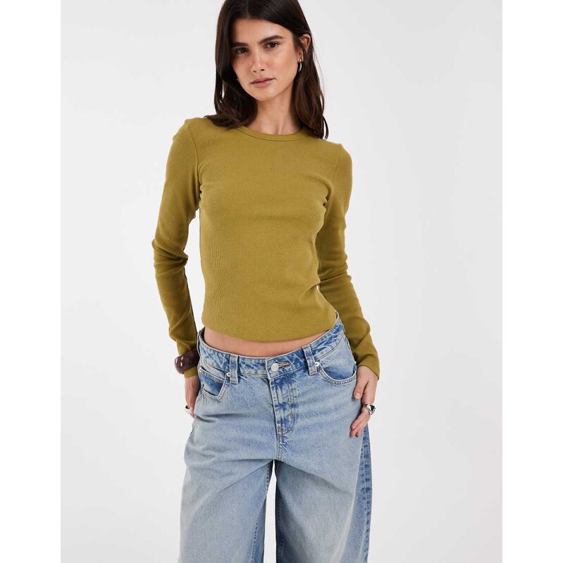 JJXX long sleeve ribbed top in olive-Green