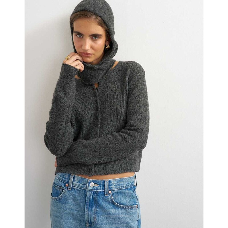 Topshop knitted scarf cardigan with wool in charcoal-Grey
