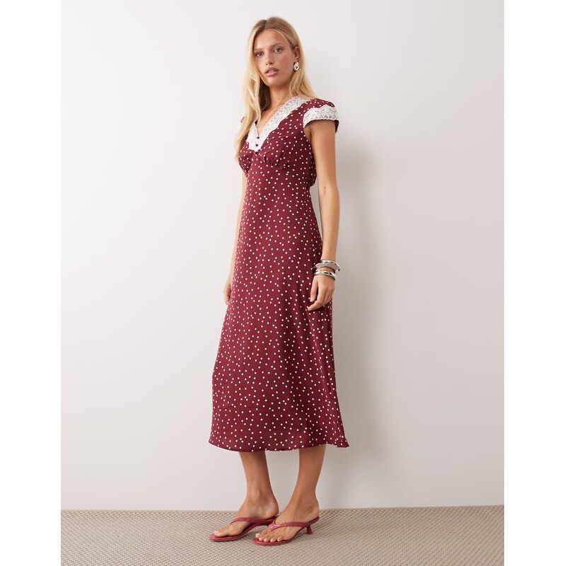 New Look lace trim midi dress in burgundy polka dot-Red