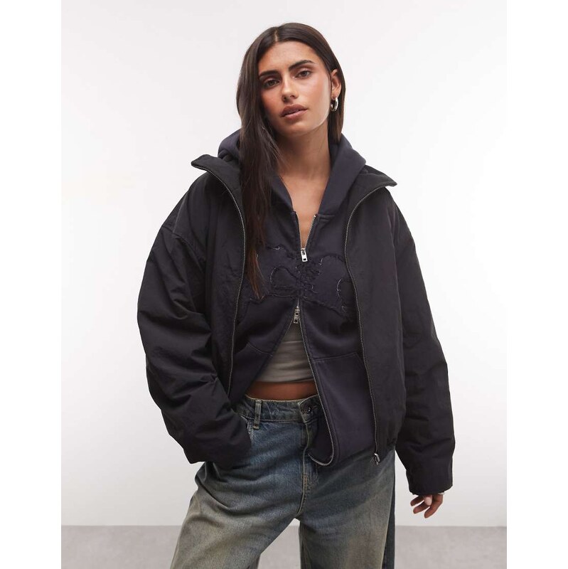 Weekday high neck track jacket with borg fleece lining in black