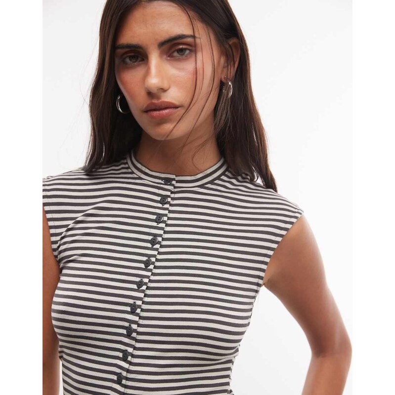 Weekday button front tank top in dark grey and beige stripe