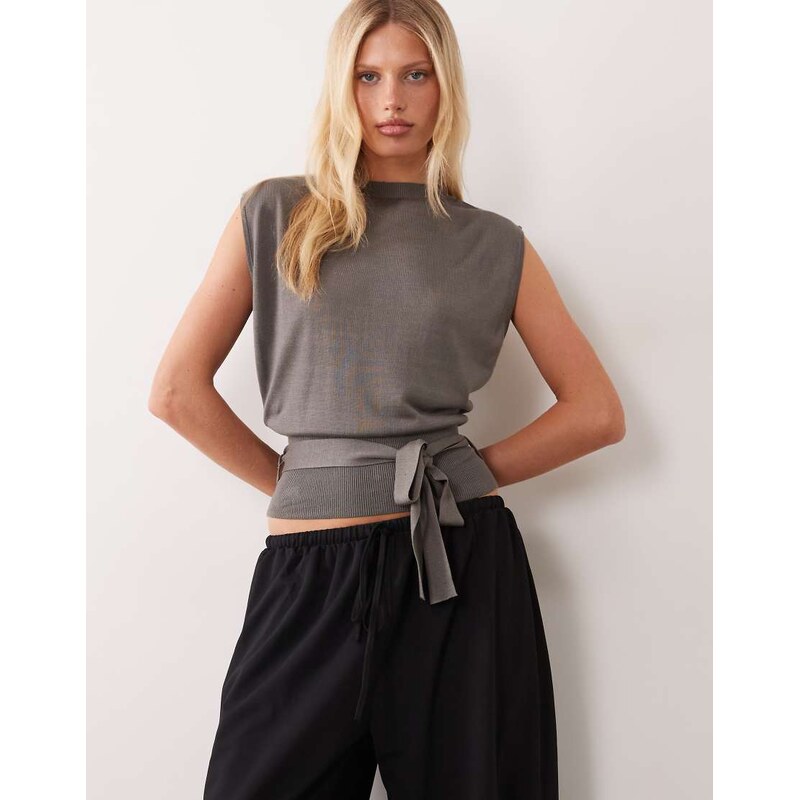 Mango sleeveless tie waist knitted top in brown