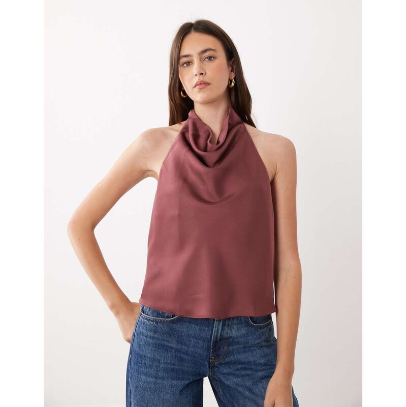 Mango cowl neck sleeveless top in plum-Red