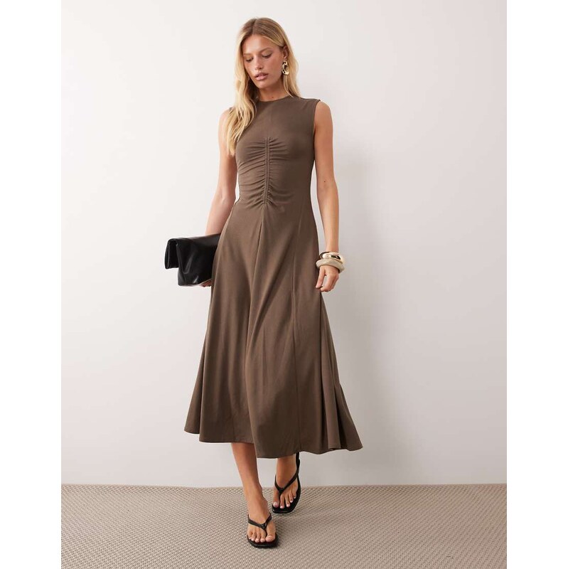 Mango ruched detail sleeveless midi dress in khaki-Green