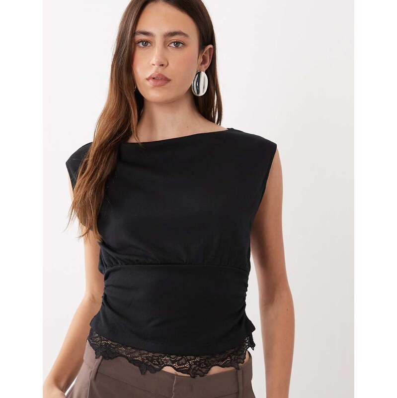 Mango sleeveless lace trim t-shirt in black