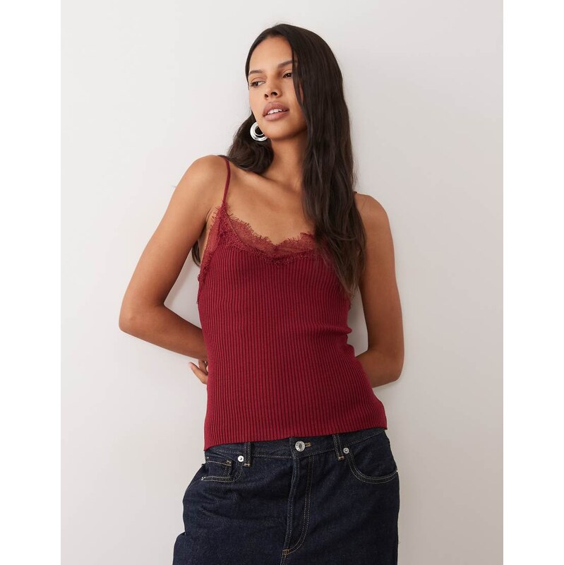 Mango knitted cami top with lace trim in wine-Red
