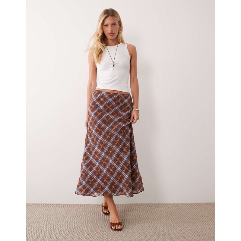 Mango midi slip skirt in brown check print
