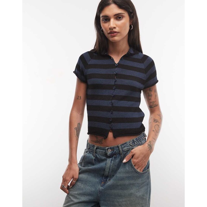 COLLUSION funnel neck knitted cardigan in blue stripe