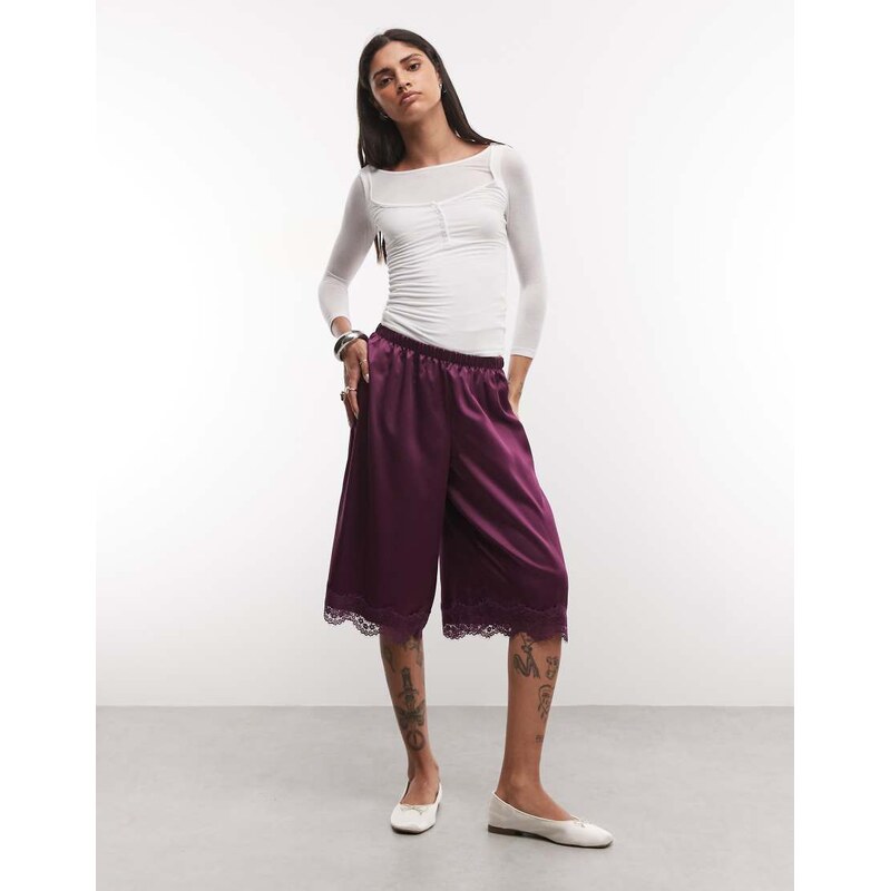 Reclaimed vintage longline satin shorts with lace trim in plum