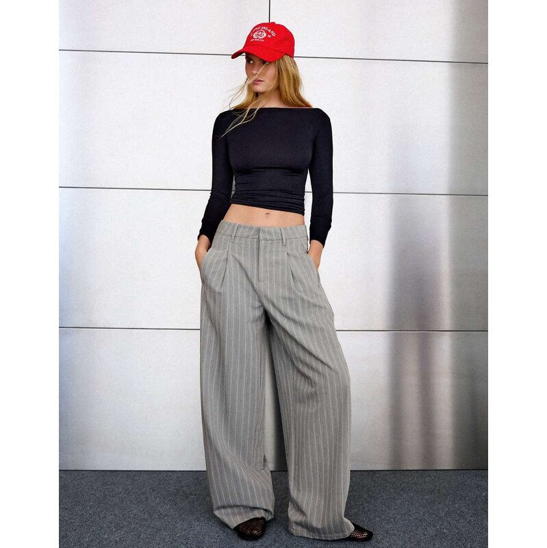 Bershka Double-fabric darted trousers in grey
