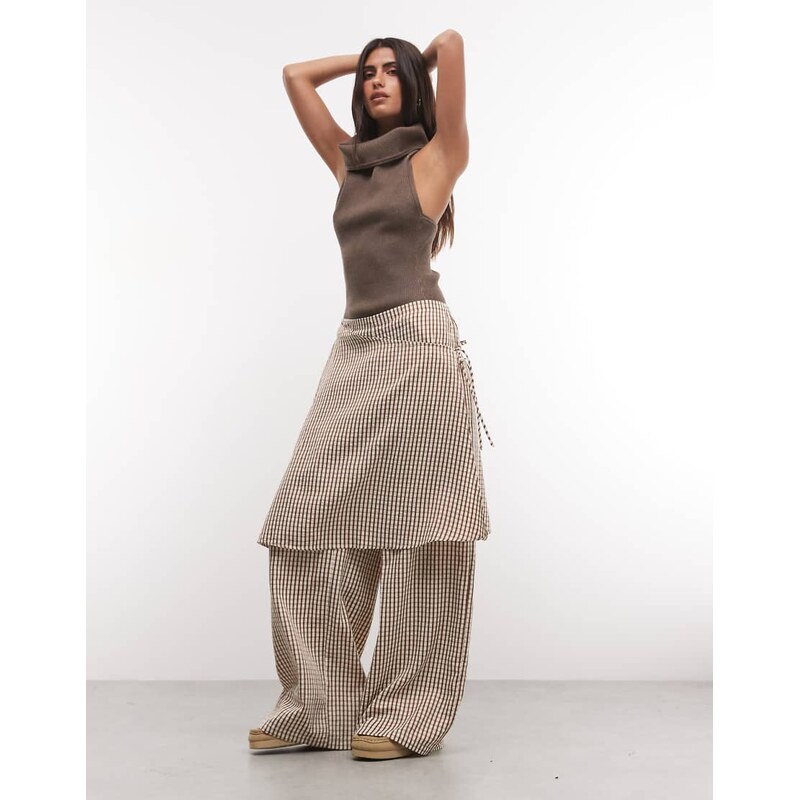 ASOS DESIGN straight leg trousers with skirt detail in brown