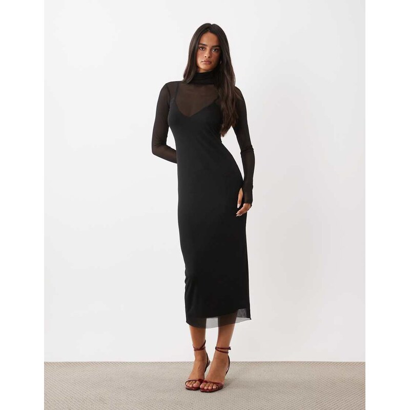 AFRM Shailene mesh turtleneck long sleeve cami lining midi dress