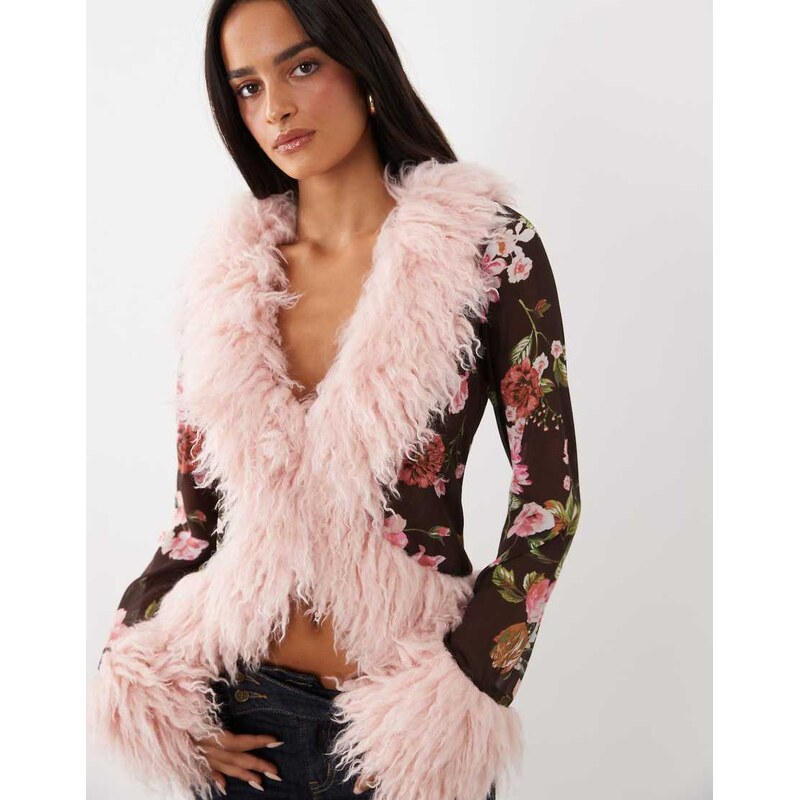 AFRM Simone mesh faux fur trim long sleeve top in brown floral