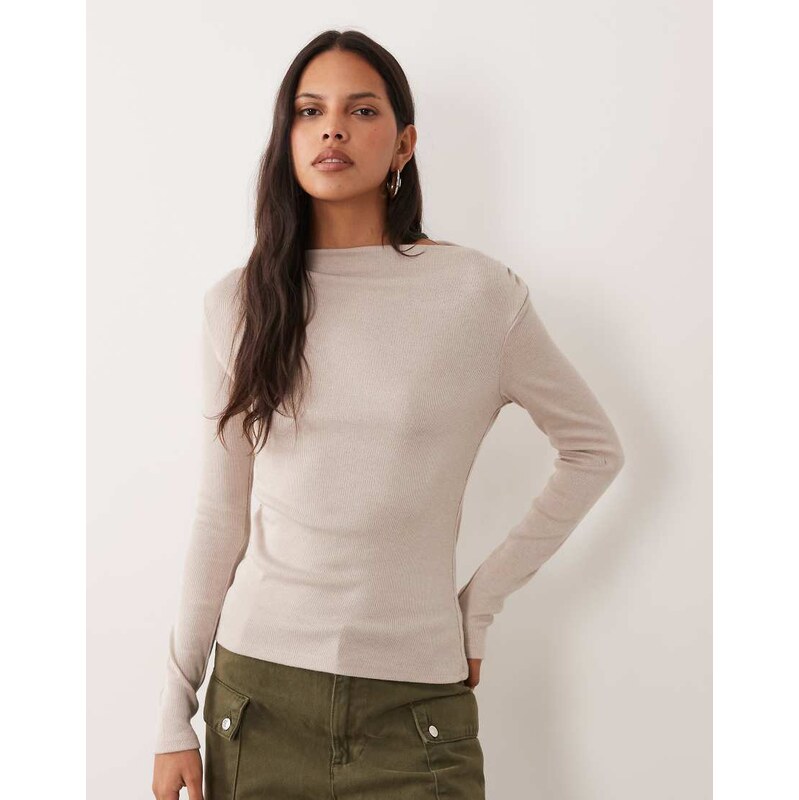 Mango boat neck long sleeve top in beige-Neutral