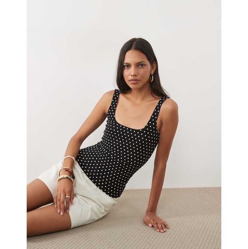 New Look polka dot square neck vest in black