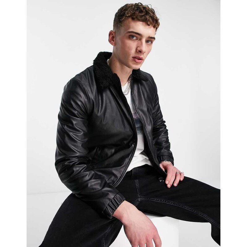Bolongaro Trevor faux leather bomber jacket with borg collar in
