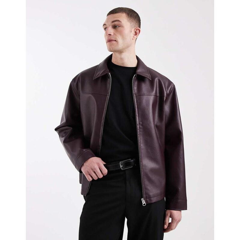 ASOS DESIGN faux leather harrington jacket in burgundy-Red