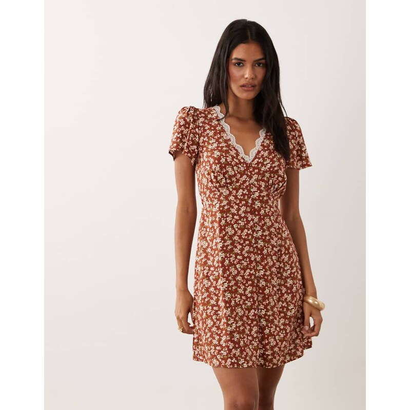 New Look lace trim mini tea dress in brown floral