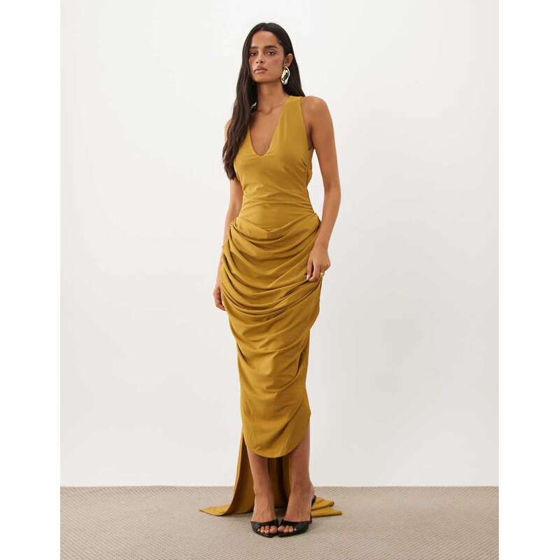 ASOS DESIGN plunge neck midi dress with open back & train detail