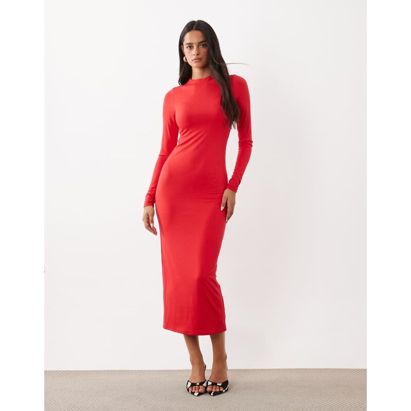 AFRM Juniper knit crepe mock neck long sleeve midi dress in red