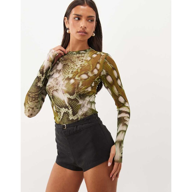 AFRM Kaylee mesh crewneck long sleeve top in dark green snake