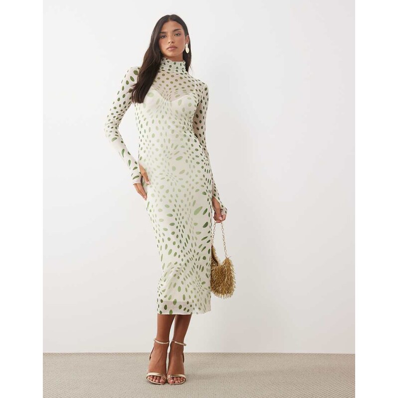 AFRM Shailene mesh high neck bodycon midi dress in white and