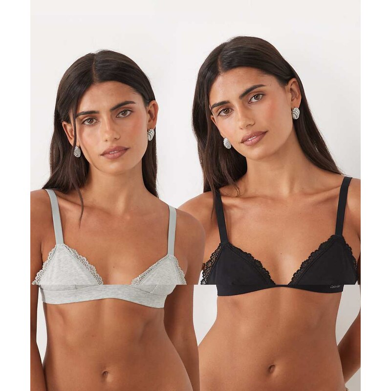 Calvin Klein cotton lace detail triangle bra 2pk in grey/black