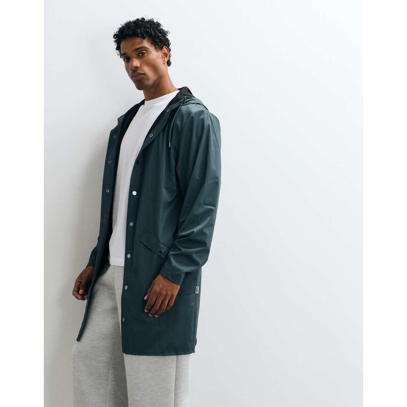 Rains 12020 waterproof long hooded jacket in green