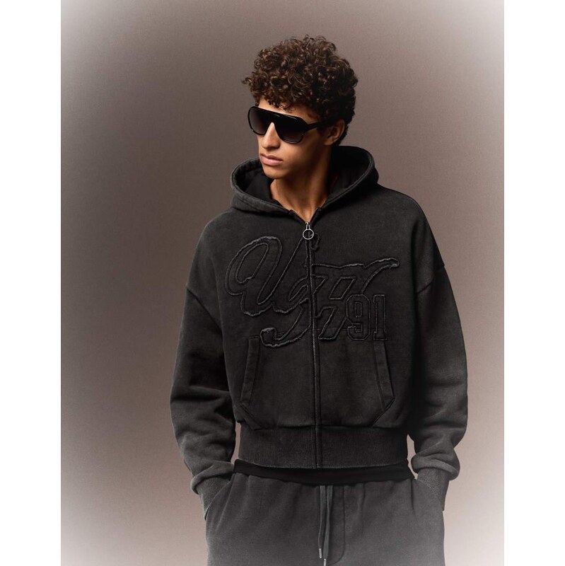 Bershka Boxy washed zip-through hoodie in black