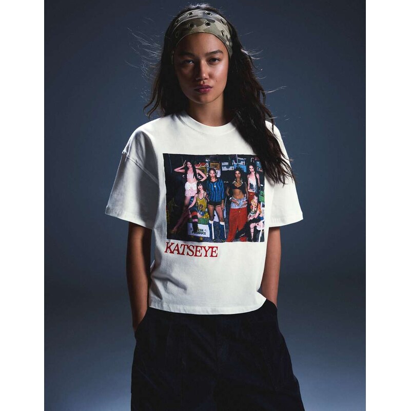 Bershka Katseye oversize print t-shirt in white