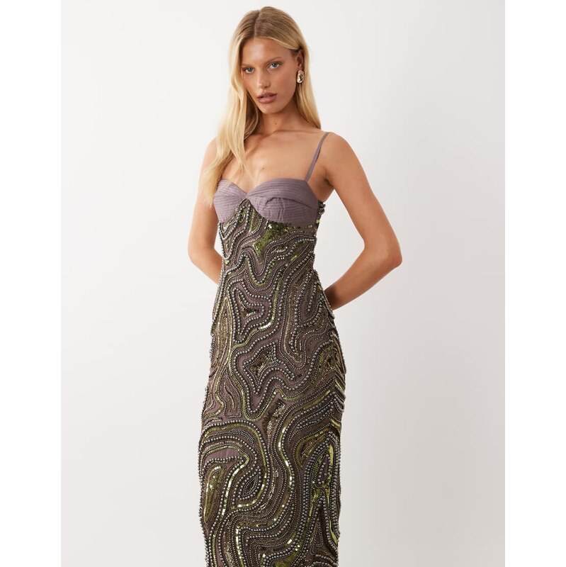 ASOS DESIGN metallic beaded midi dress with satin bust in