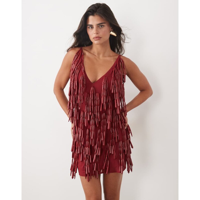 ASOS DESIGN plunge cami mini dress with chunky beads in red