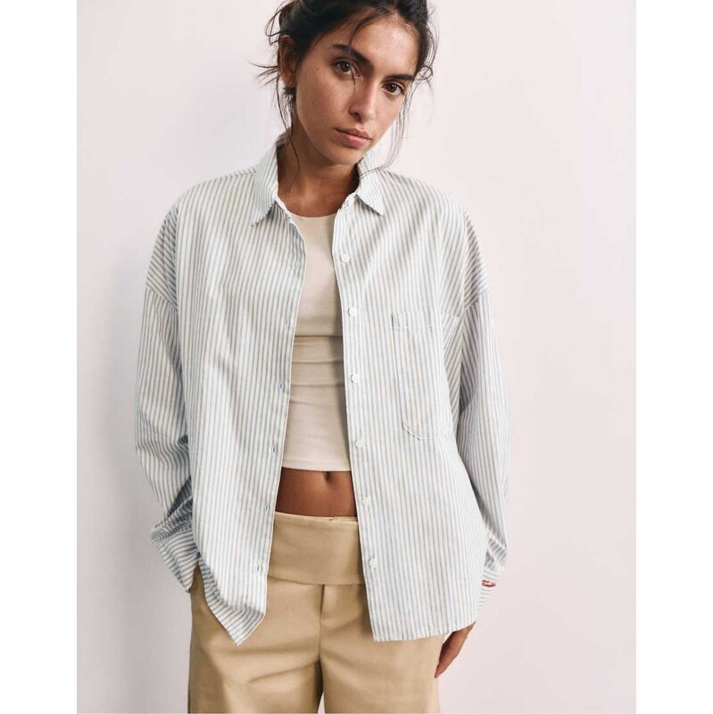 Pull&Bear Embroidered striped shirt in pastel blue