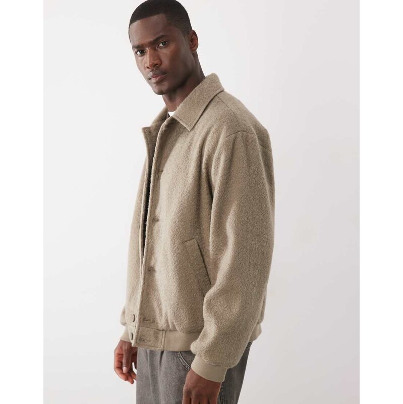ASOS DESIGN wool look bomber in taupe-Neutral