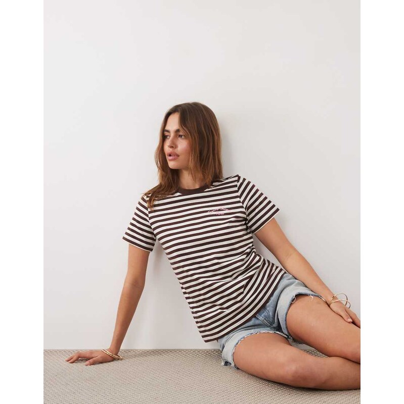 New Look embroidered striped tee in brown stripe