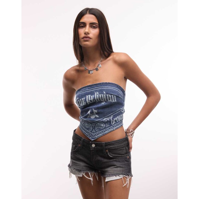 True Religion logo denim scarf top midwash blue